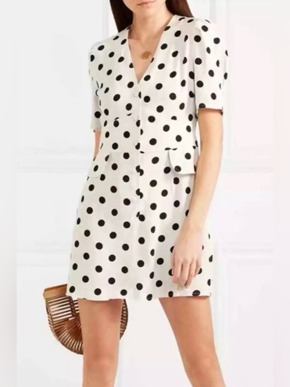 RIXO NWT London Dots Laura Button Down Mini Dress Sz L